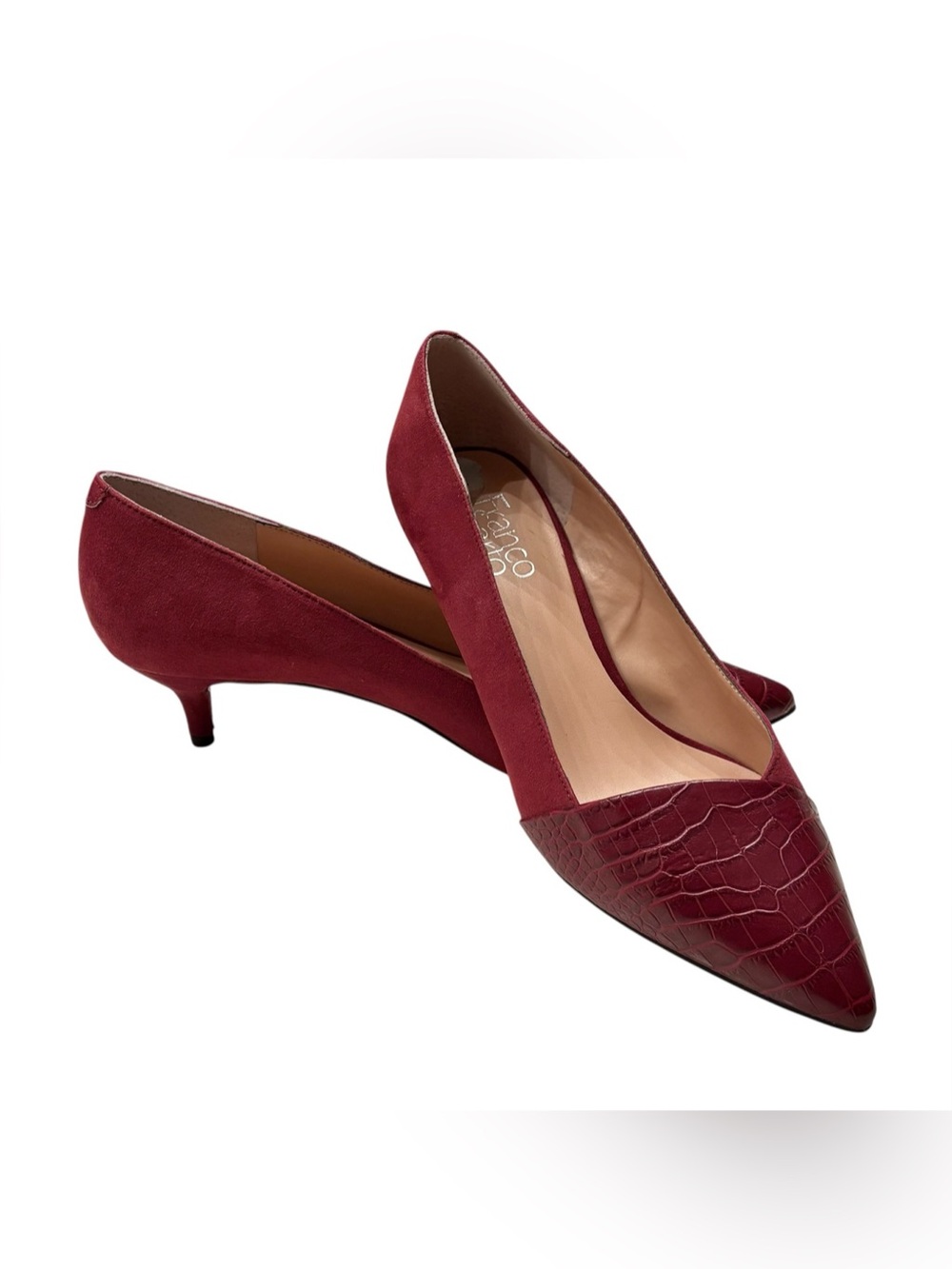 Franco Sarto Dorina Burgundy Suede Croco Pointed Toe Kitten Heel Pumps Sz 9M